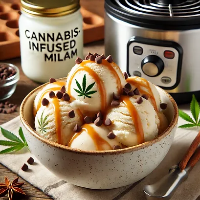 Ice cream with cannabis leaves.