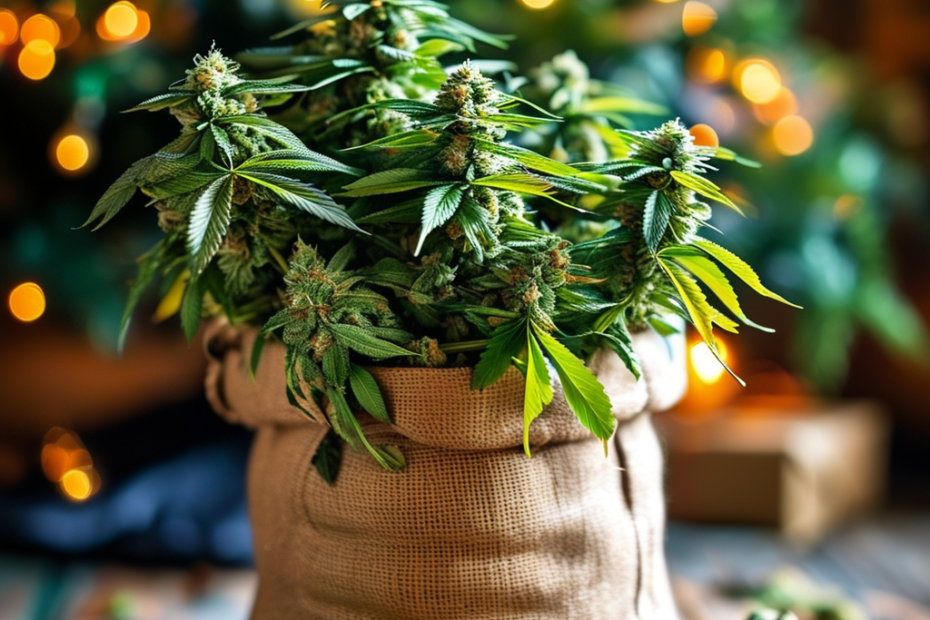 cannabis bag under christmas tree